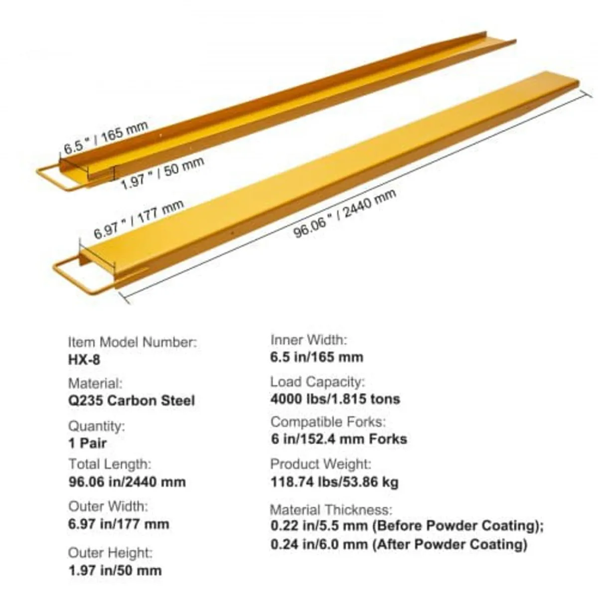 Pallet Fork Extensions, 96" Length 6.5" Width, Hea - Image 2