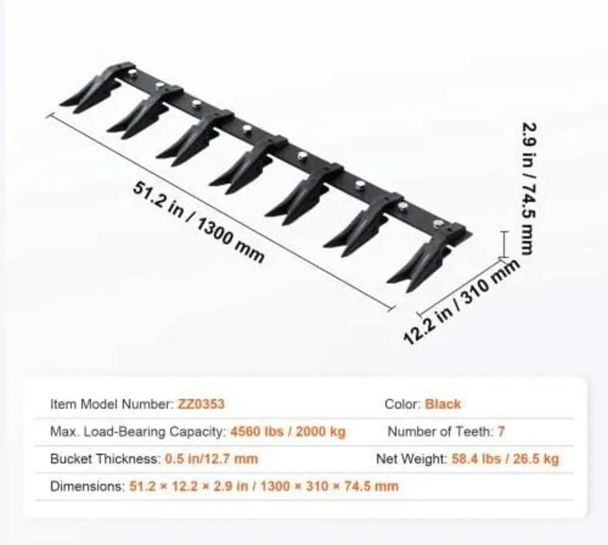 Bucket Tooth Bar, 53'', Heavy Duty Tractor Bucket - Image 4