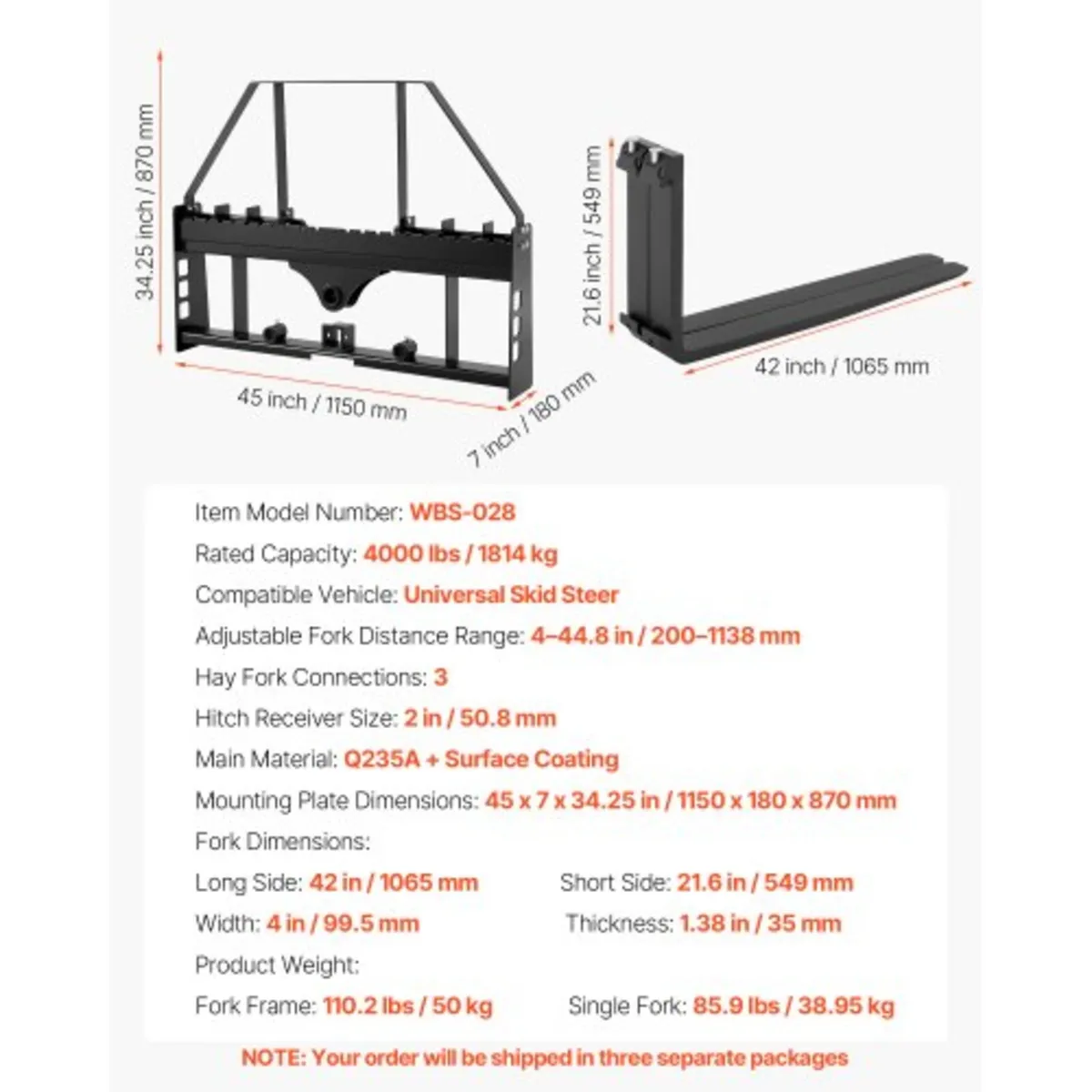 Skid Steer Pallet Forks, 1814 kg Rated Capacity, P - Image 2