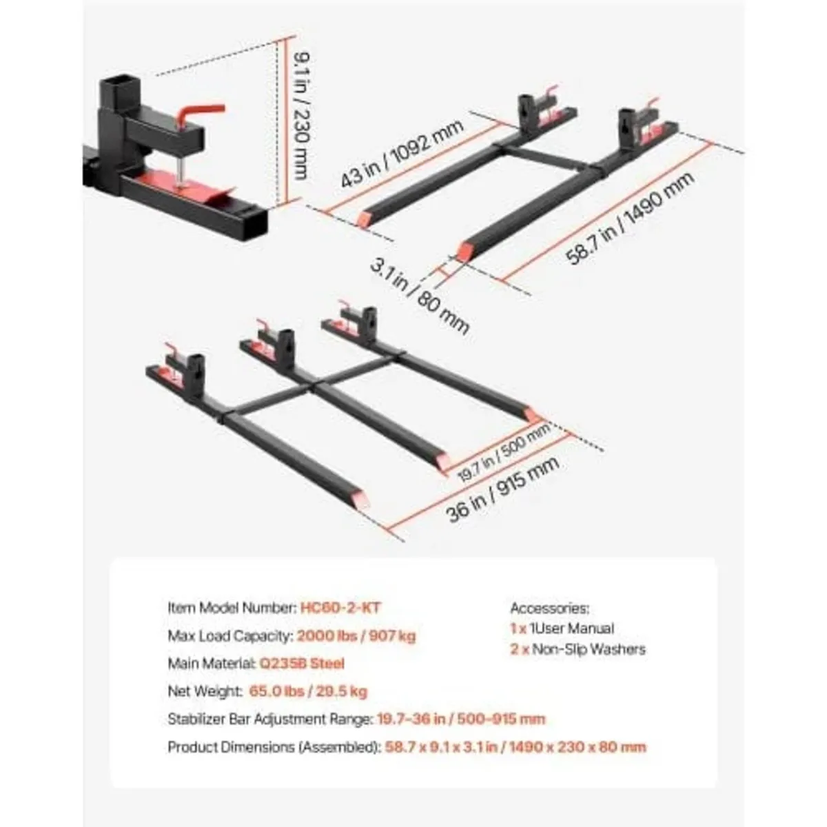 Forks, 907 kg Clamp on Pallet Forks, 149 cm Total - Image 2