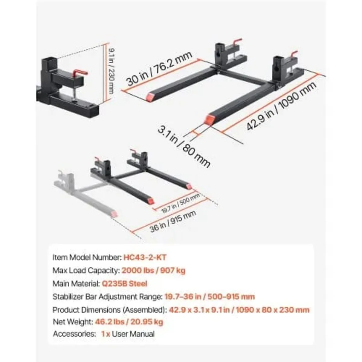 907 kg Clamp on Pallet Forks, 109 cm Total Length - Image 2