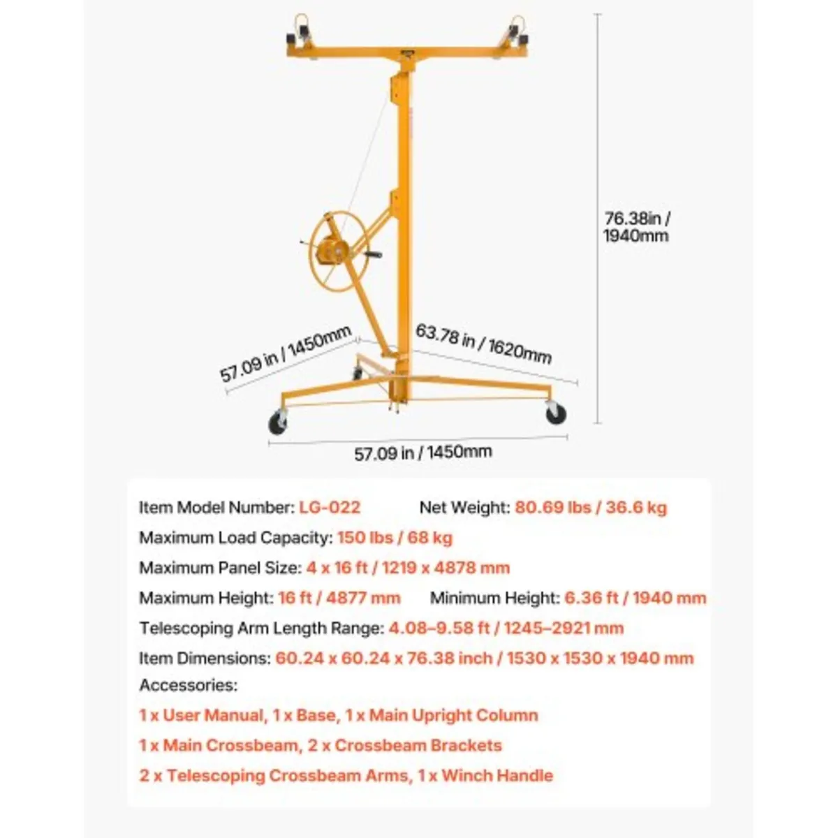 4877 mm Drywall Lift, Heavy-Duty 68 kg Sheetrock H - Image 2