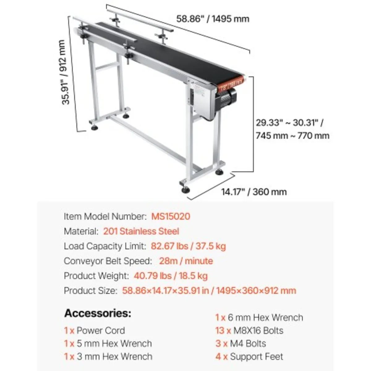 Belt Conveyor, 59 x 7.8 inch Conveyor Table, Heavy - Image 4