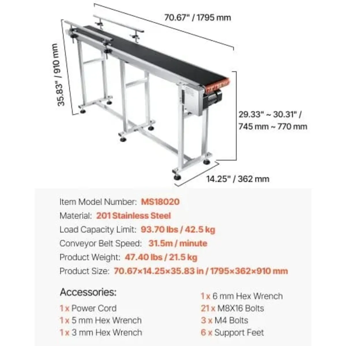 Belt Conveyor, 71 x 7.8 inch Conveyor Table, Heavy - Image 2