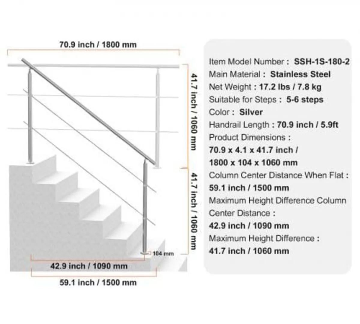 180.1 cm Handrails for Outdoor Steps 2 Crossbars S - Image 4