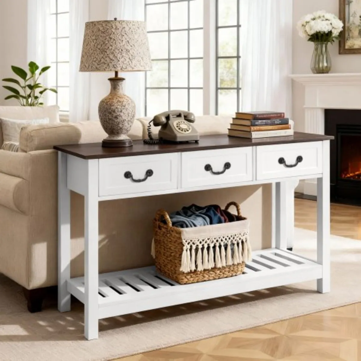 120 cm Console Table, Farmhouse Desk Behind the Co - Image 1