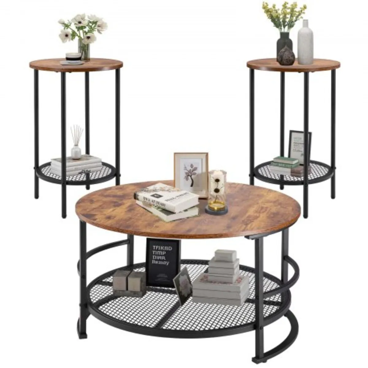 3 Pieces Round Coffee Table Sets, 80 cm Industrial - Image 1