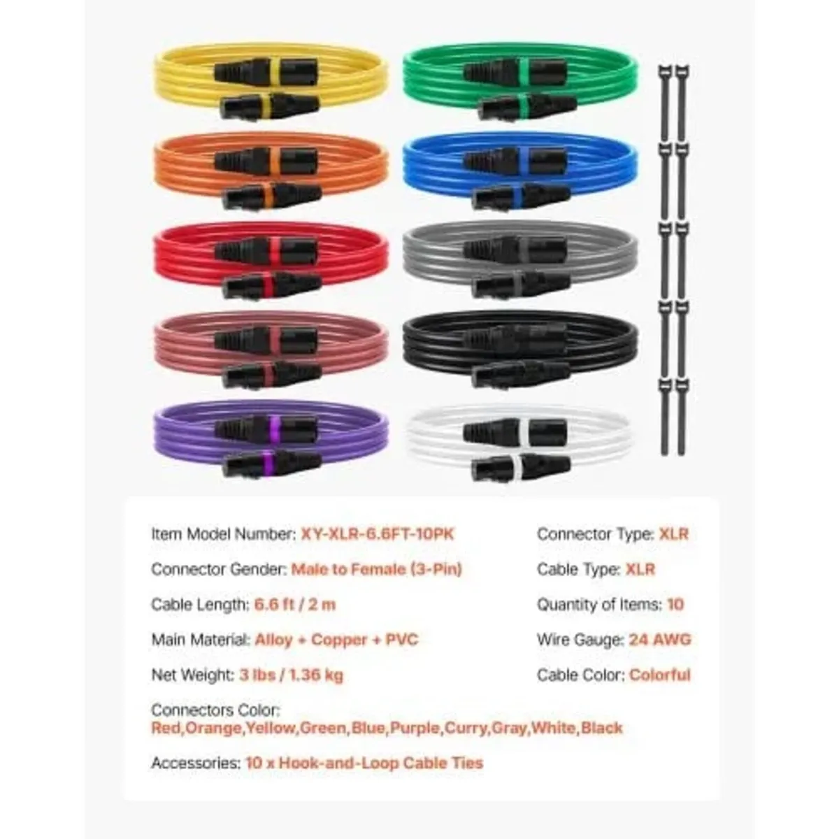 XLR Cable 2 m, 10 Pack, Shielded Balanced DMX Male - Image 4