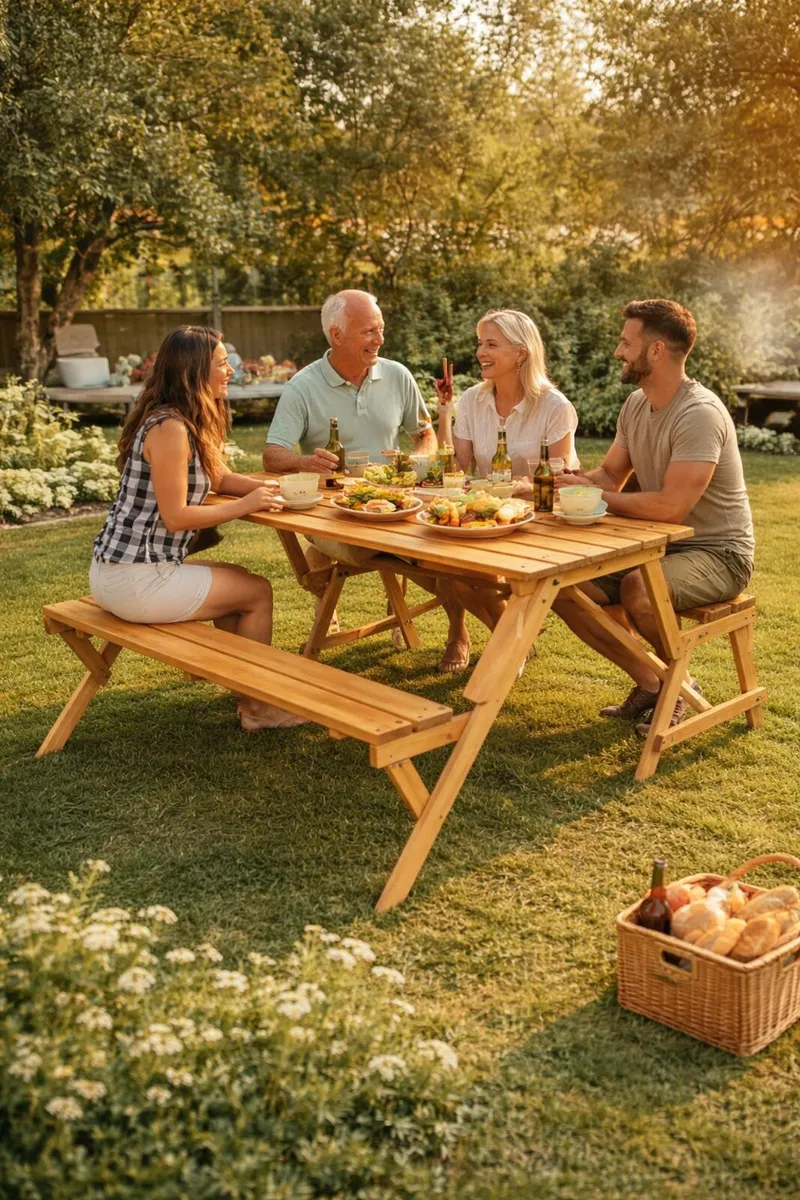 2 in 1 Picnic Table Bench Convertible Foldable Woo - Image 1