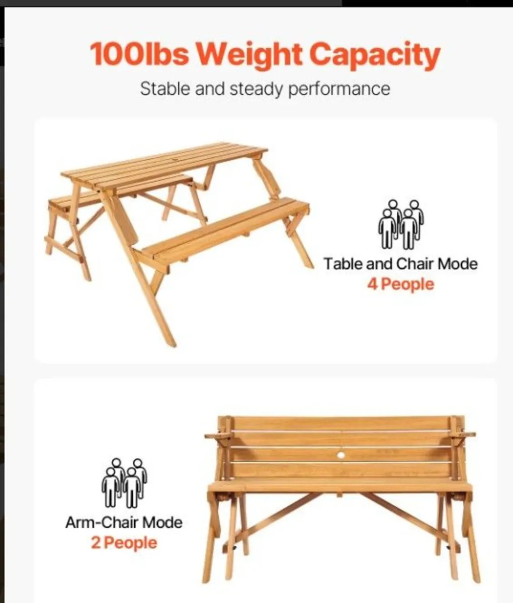 2 in 1 Picnic Table Bench Convertible Foldable Woo - Image 2