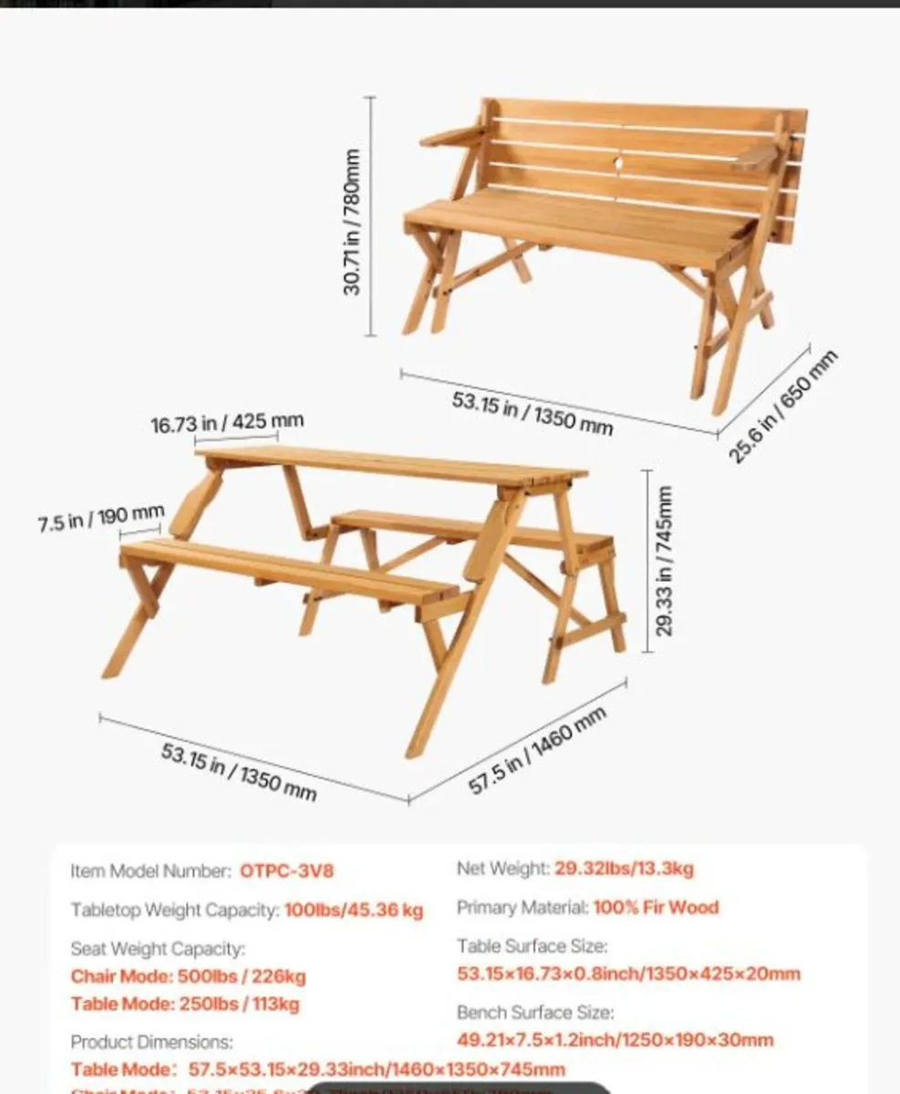 2 in 1 Picnic Table Bench Convertible Foldable Woo - Image 3