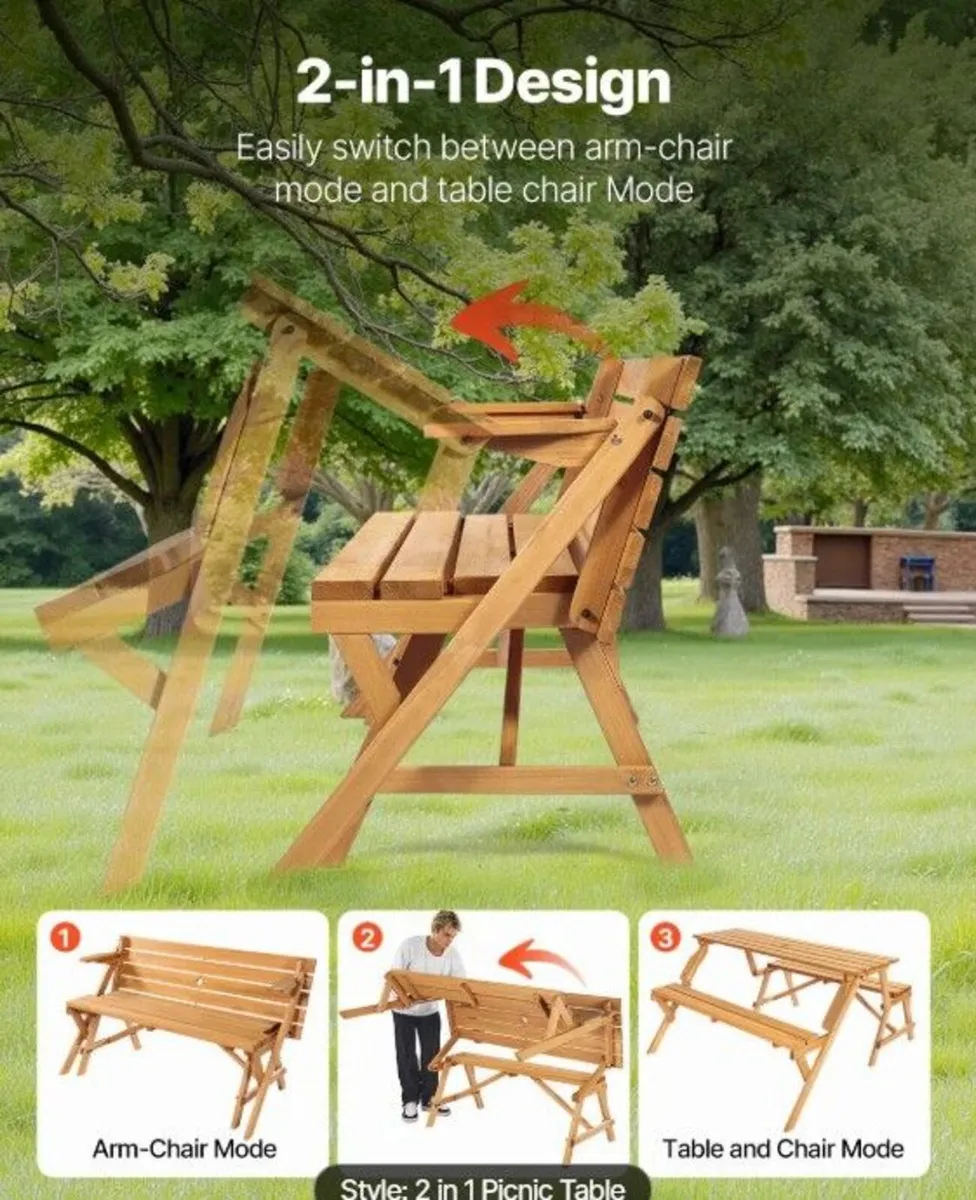 2 in 1 Picnic Table Bench Convertible Foldable Woo - Image 4