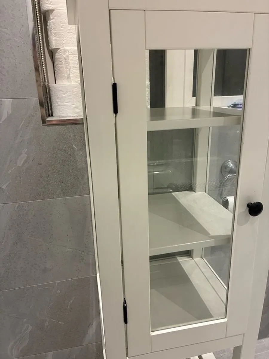 Tall white wooden & glass door storage cabinet with shelving. - Image 2