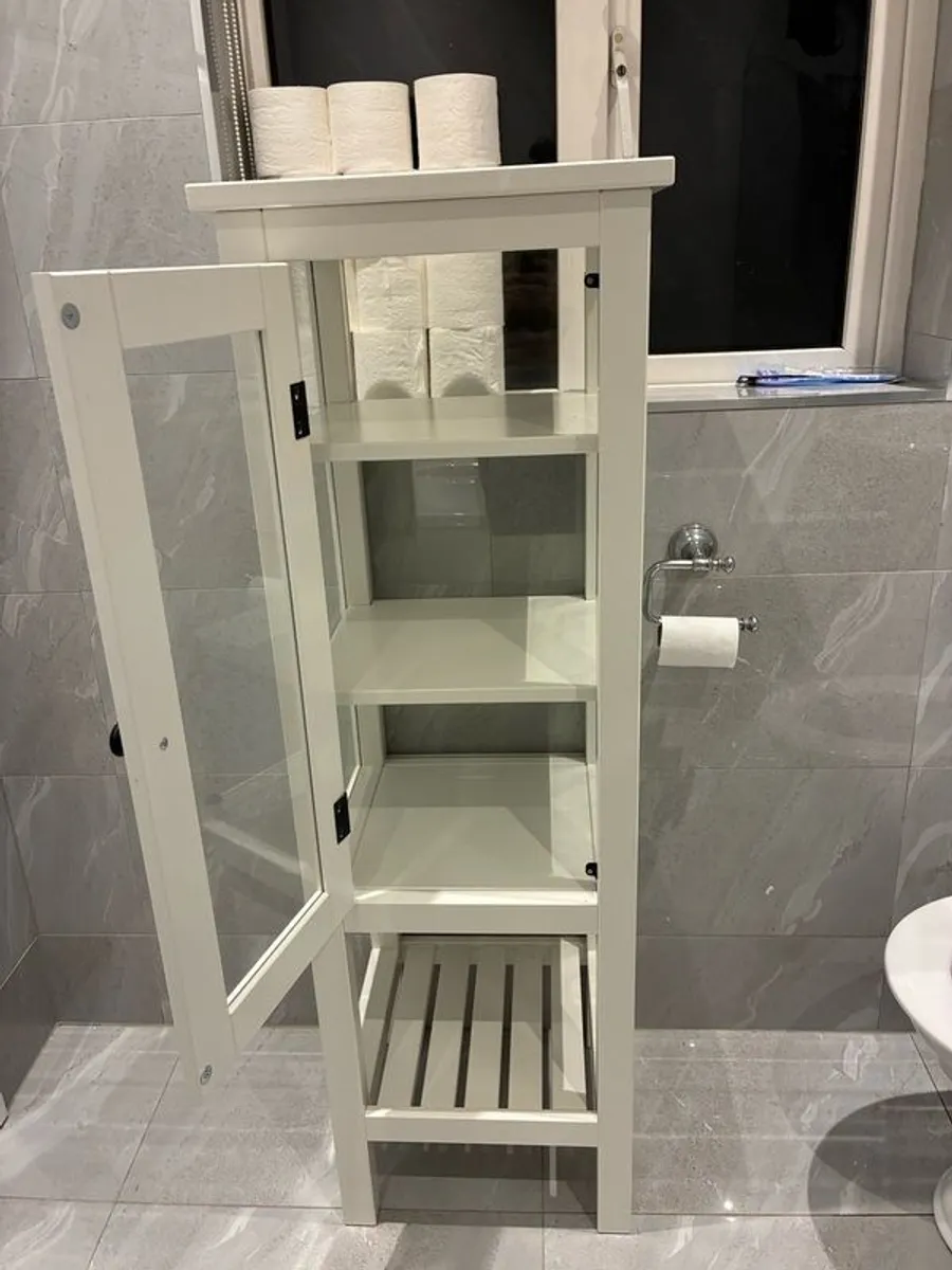 Tall white wooden & glass door storage cabinet with shelving. - Image 3