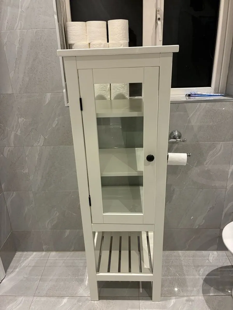 Tall white wooden & glass door storage cabinet with shelving. - Image 4