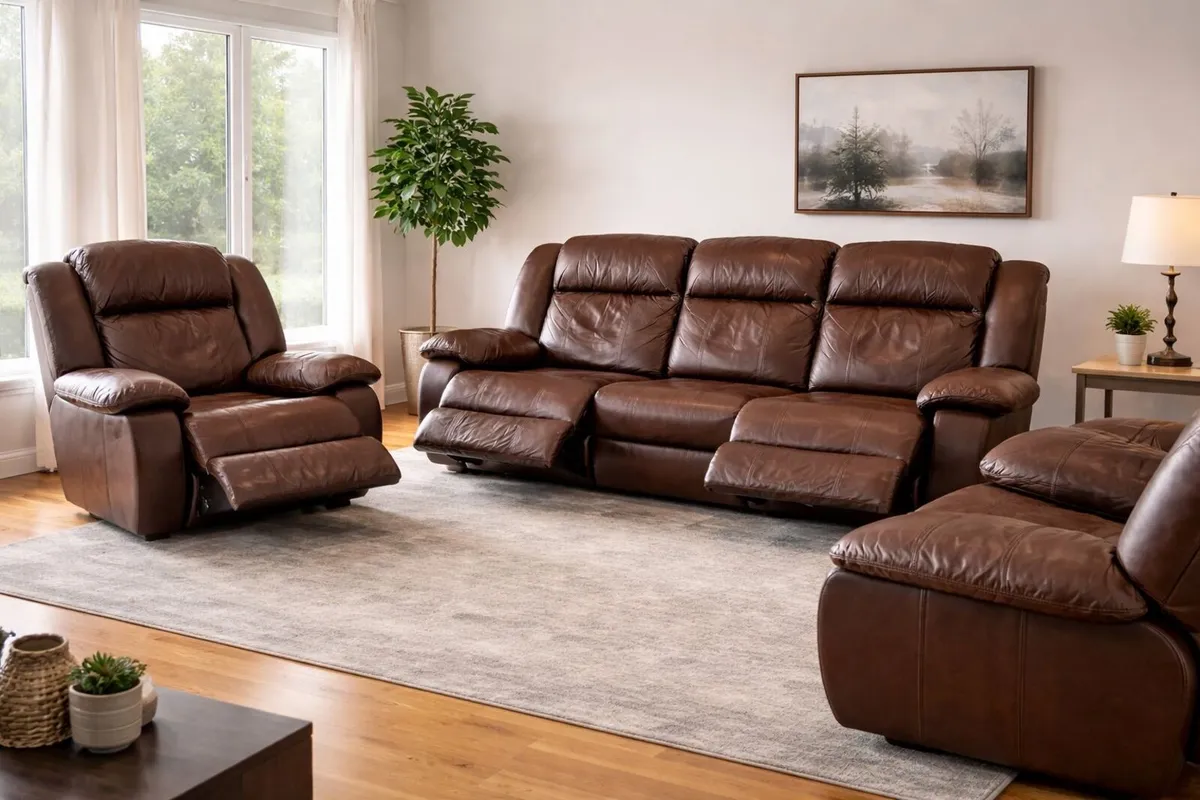 3+1+1 Seater Brown Leather Recliner Sofa - Image 2