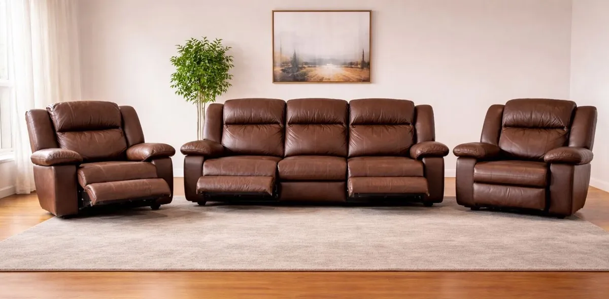 3+1+1 Seater Brown Leather Recliner Sofa - Image 1