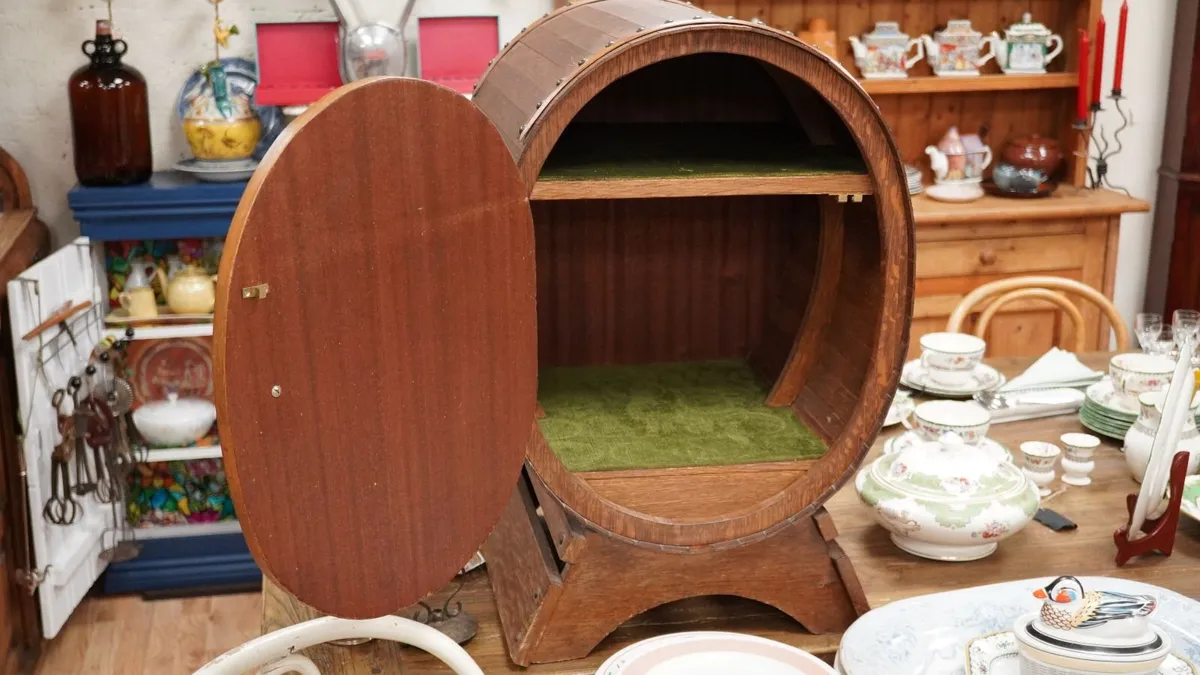 Vintage Barrel-Style Mini Bar Cabinet - Image 3
