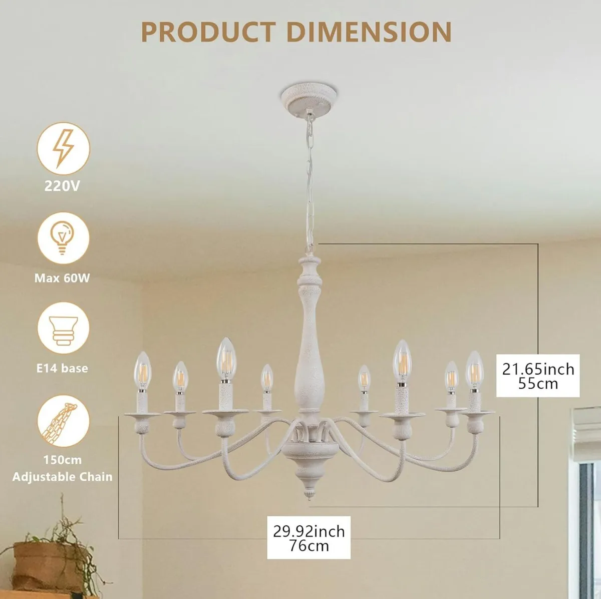 8 Lights Vintage White Chandelier Farmhouse Metal - Image 3