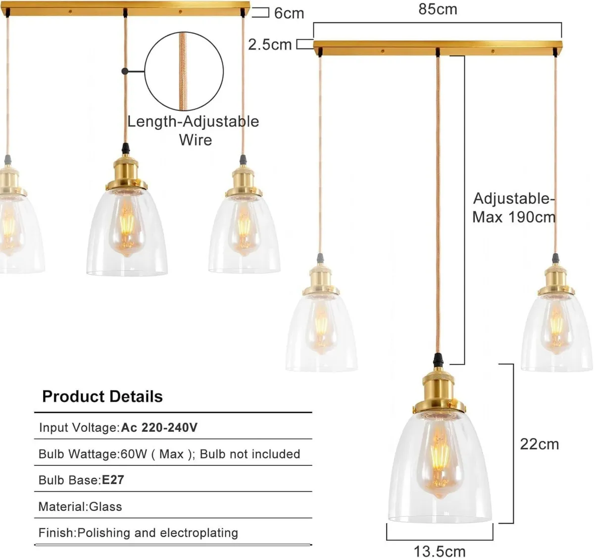 3 Way Glass Pendant Light Fitting with Clear - Image 2