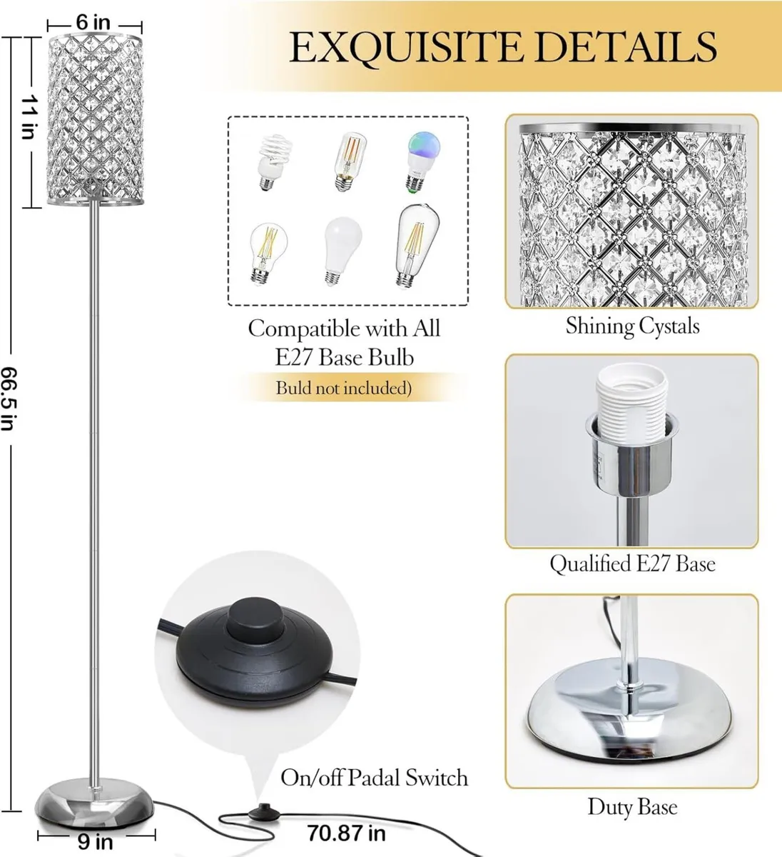 Crystal Floor Lamp Elegant Standing Modern Silver - Image 2