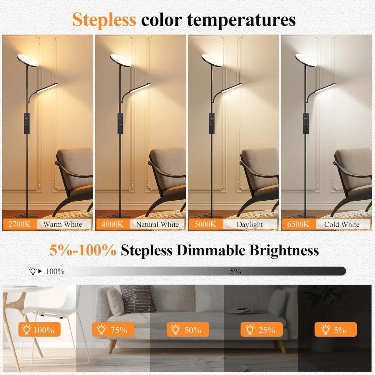 LED Uplighter Floor Lamp Living Room - 2700K-6500K - Image 2