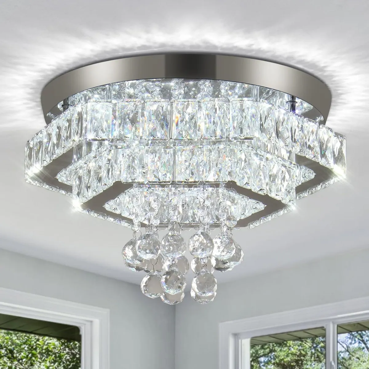 Modern 40cm Crystal Flush Ceiling Light 2-Tier - Image 1