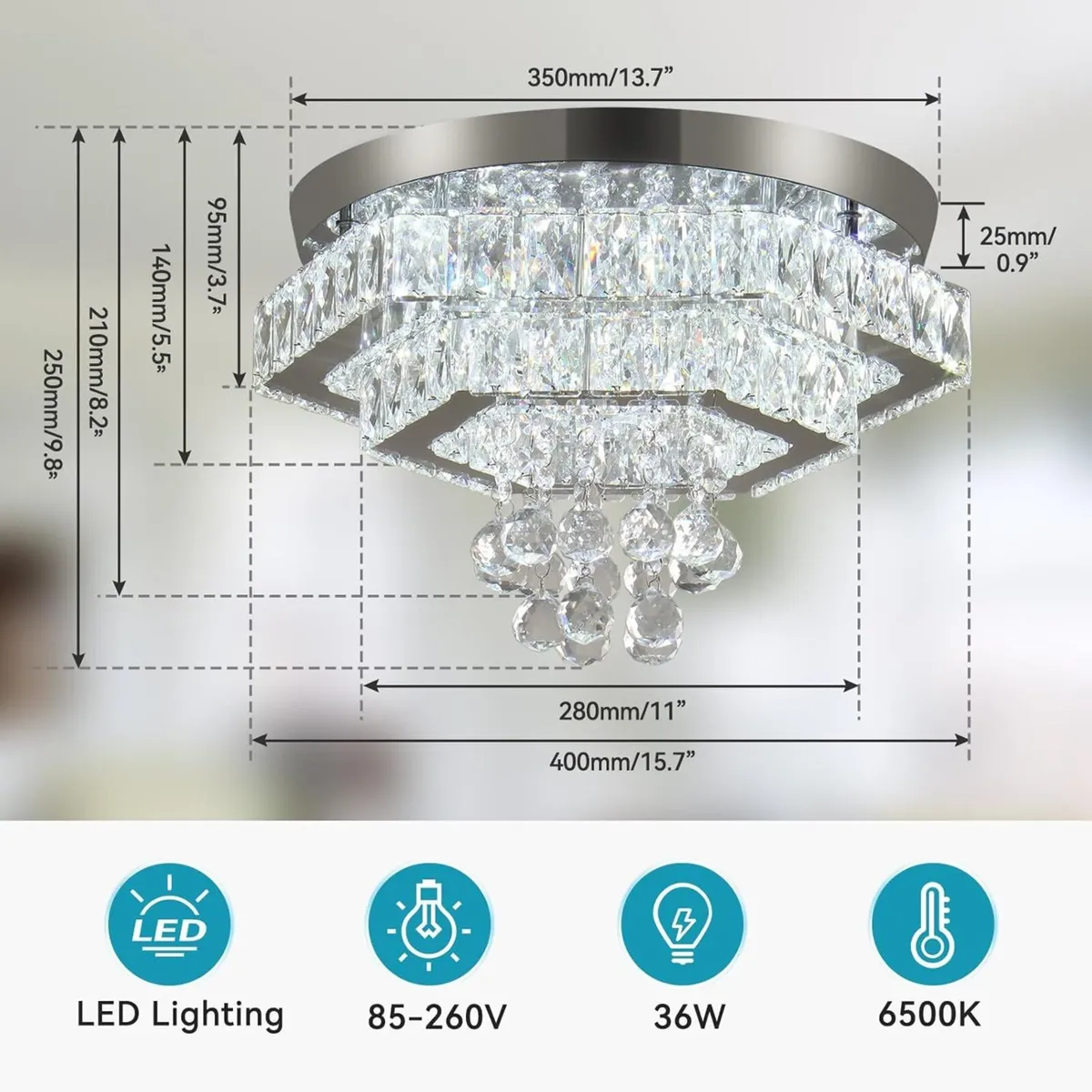 Modern 40cm Crystal Flush Ceiling Light 2-Tier - Image 2