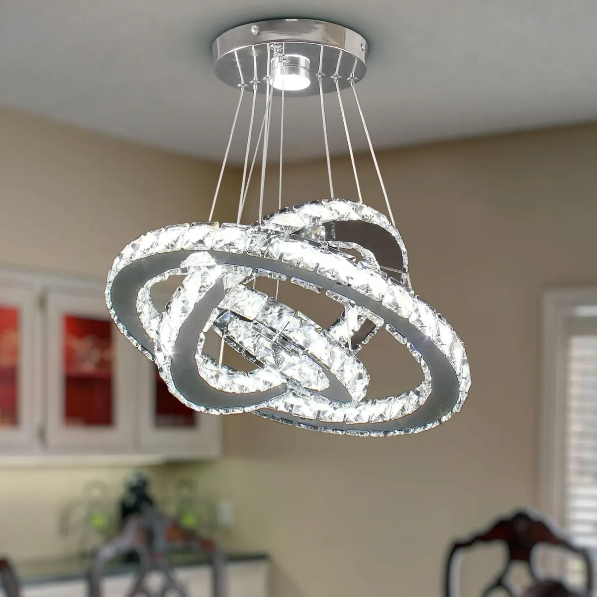 Adjustable 3 Ring Crystal Pendant Light Dimmable - Image 2