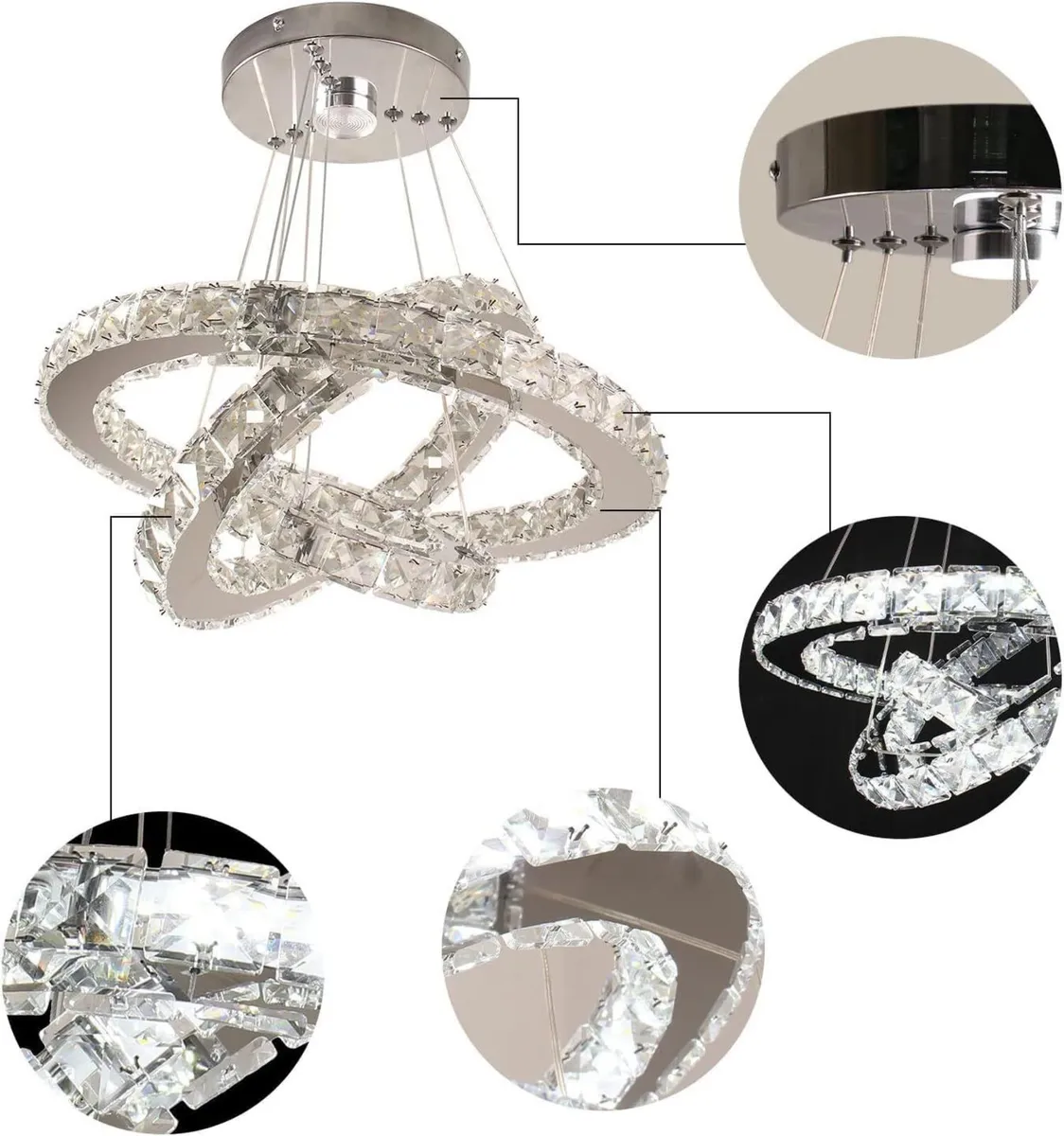 Adjustable 3 Ring Crystal Pendant Light Dimmable - Image 4