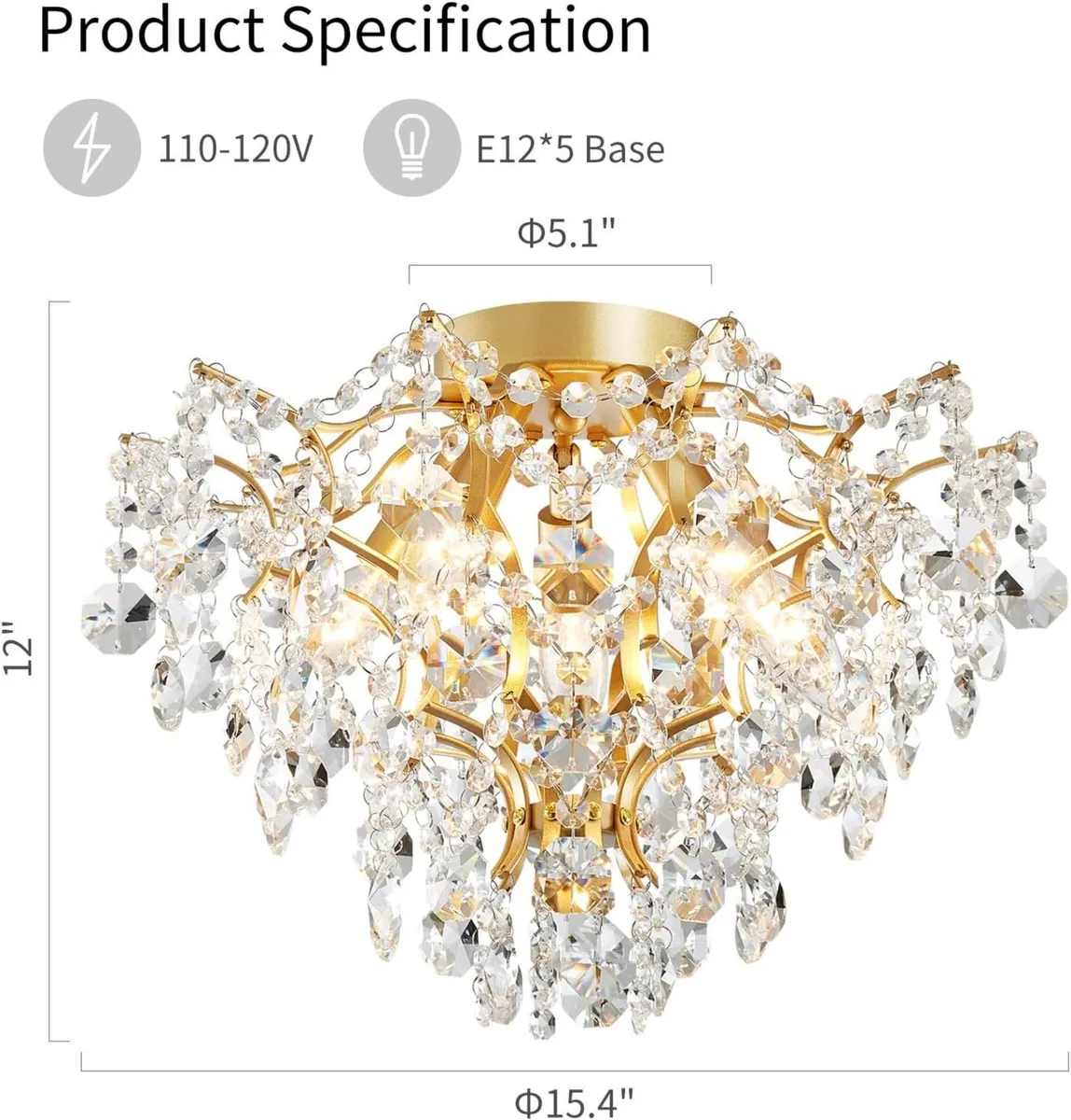 5-Light Crystal Chandelier Flushmount Ceiling - Image 2