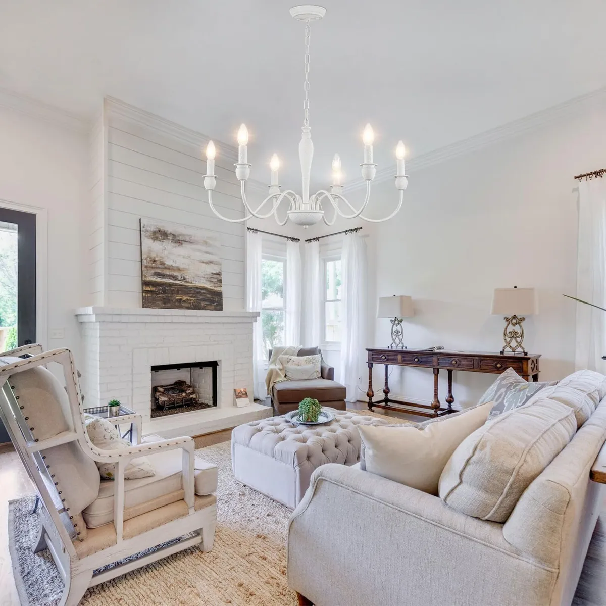 White Chandelier 6 Lights Metal Vintage Chandelier - Image 2