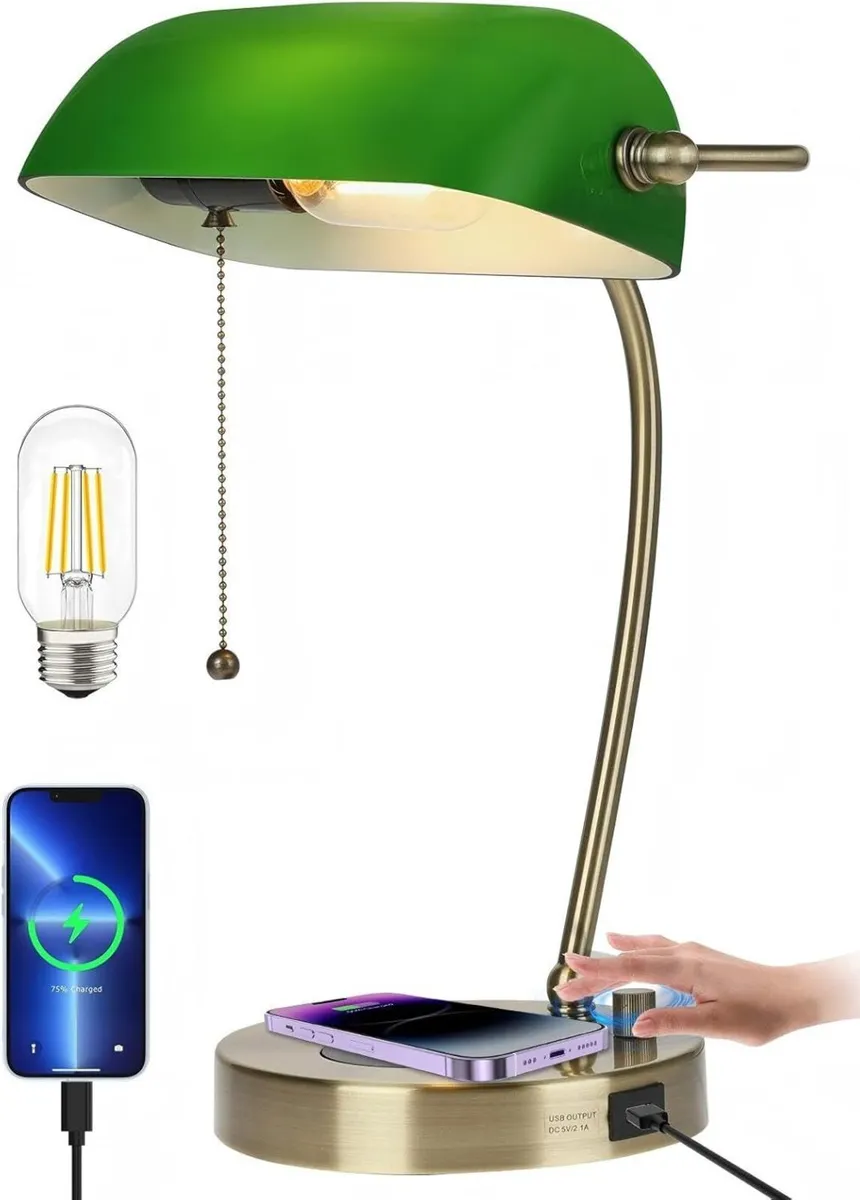 Green Glass Bankers Desk Lamp with Wireless - Image 1