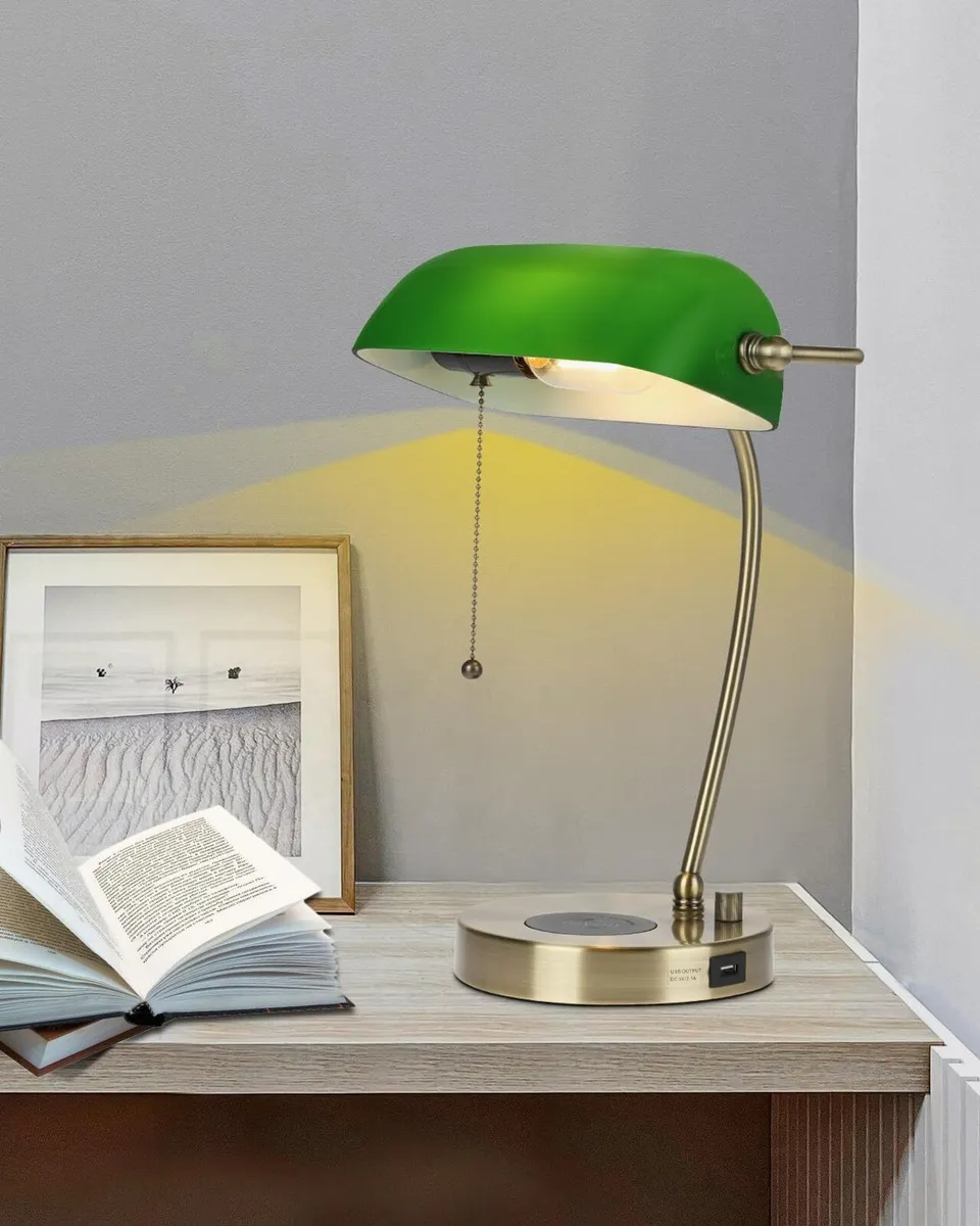 Green Glass Bankers Desk Lamp with Wireless - Image 2