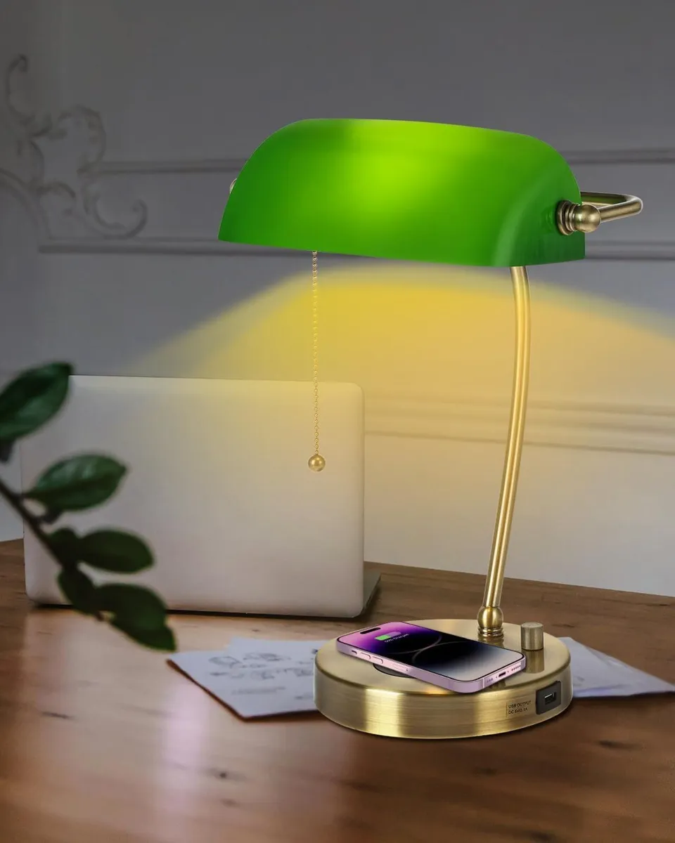 Green Glass Bankers Desk Lamp with Wireless - Image 3