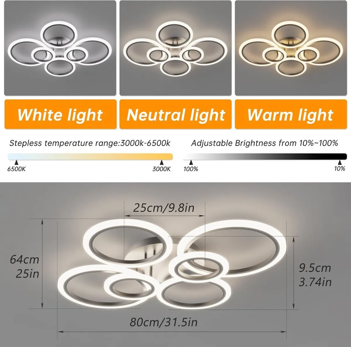 Chandeliers Ceiling Light with Remote APP 6 Rings - Image 4