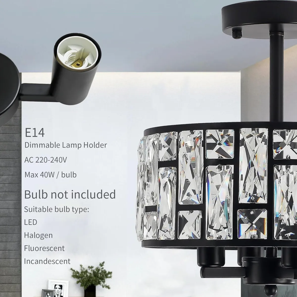 Black Crystal Ceiling Lights 4-Light E14 Modern - Image 4