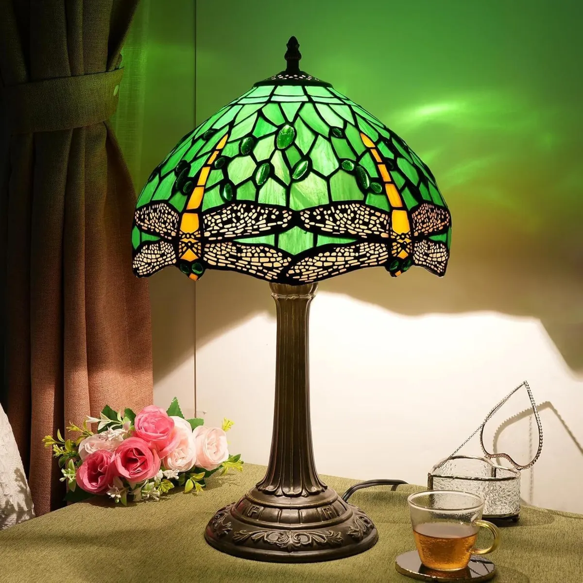 Tiffany Lamp Green Dragonfly Stained Glass Table - Image 2
