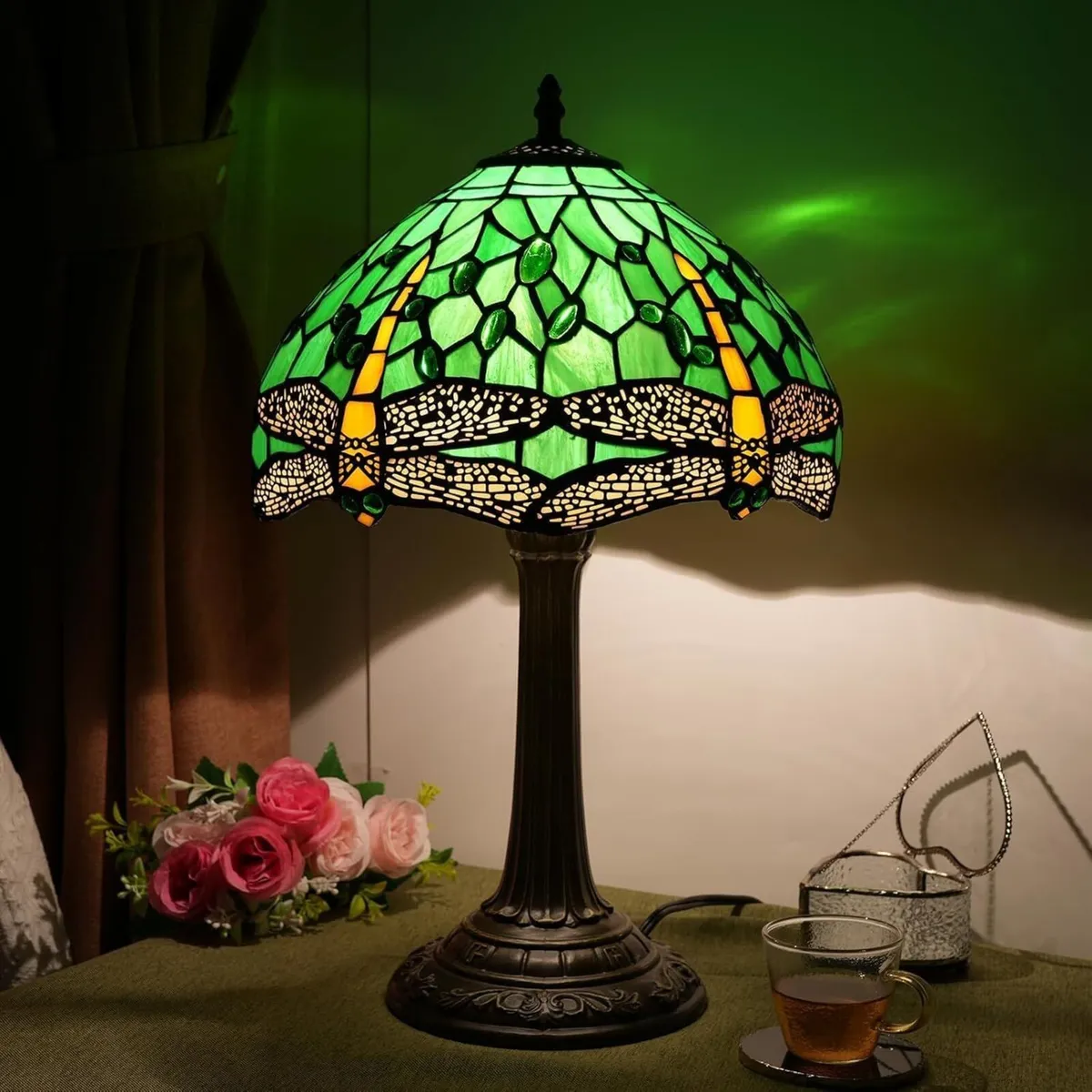 Tiffany Lamp Green Dragonfly Stained Glass Table - Image 3