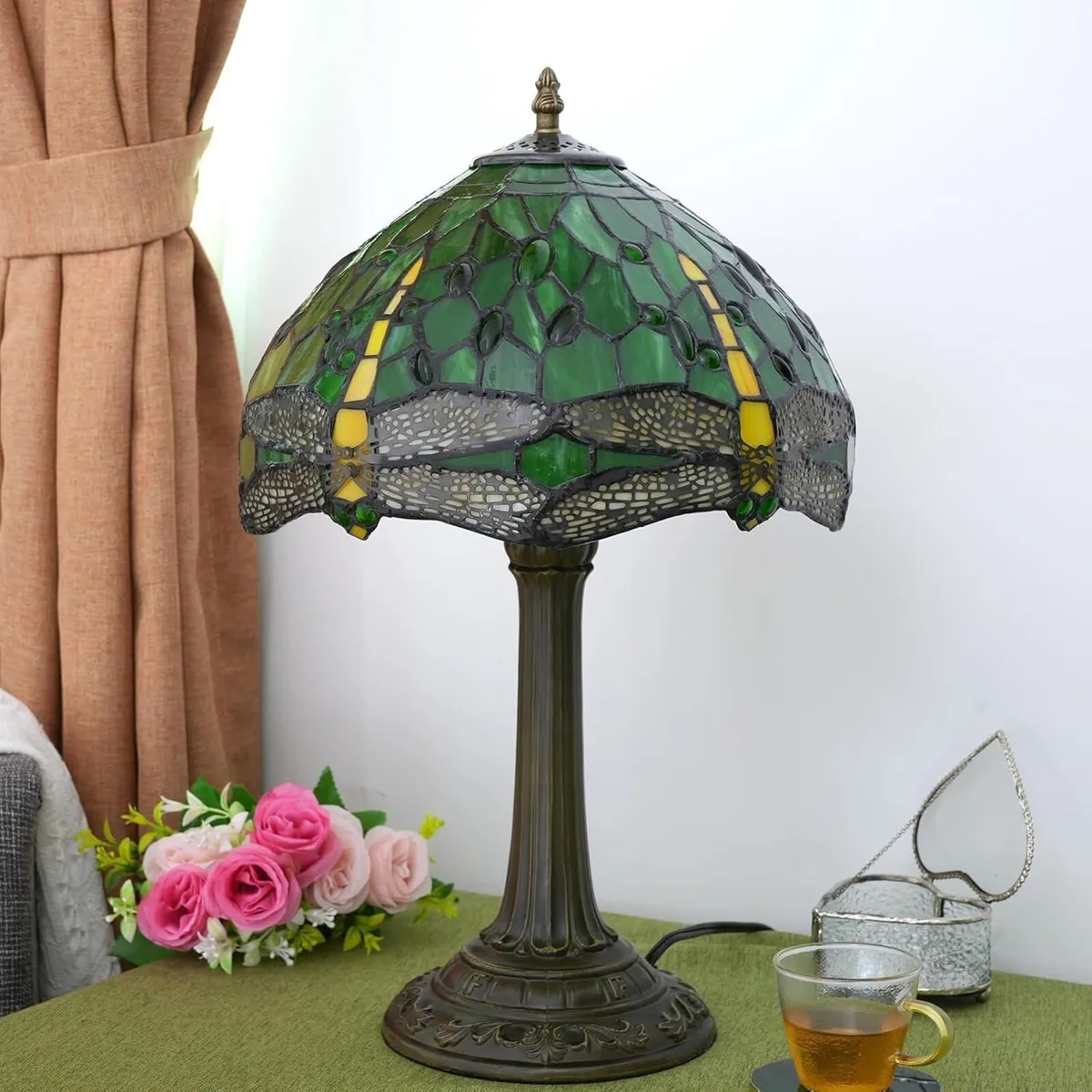 Tiffany Lamp Green Dragonfly Stained Glass Table - Image 4