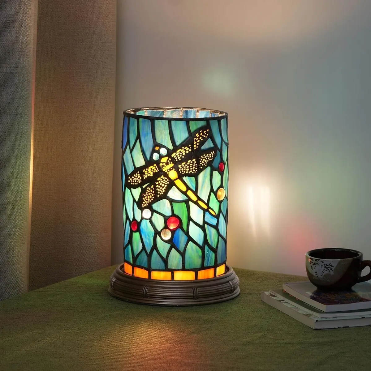Tiffany lamp Stained Glass Table Teal Dragonfly - Image 1