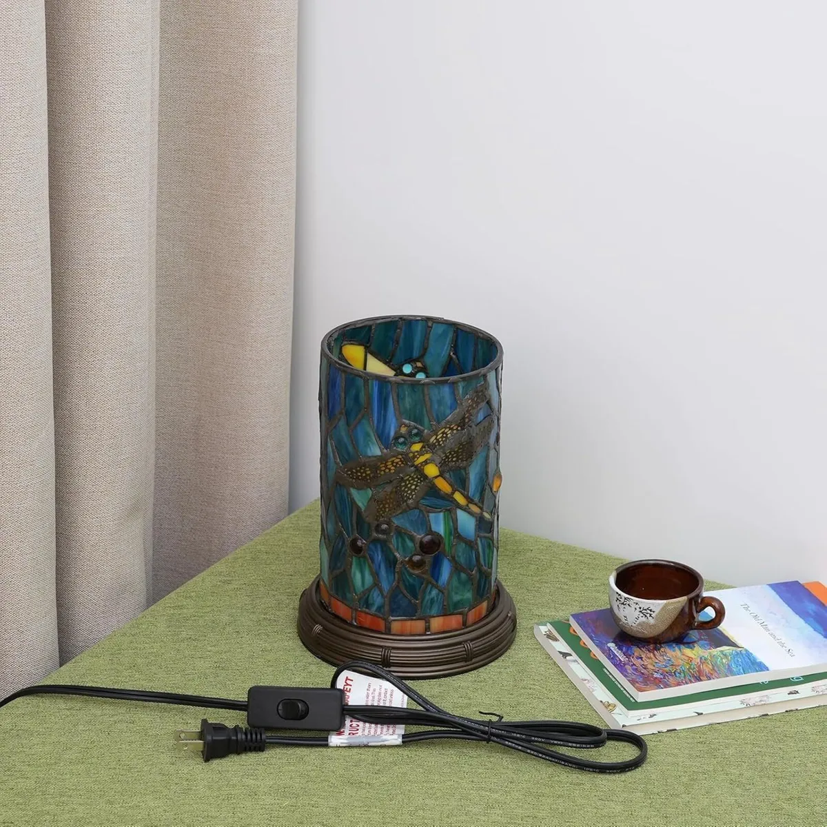 Tiffany lamp Stained Glass Table Teal Dragonfly - Image 4