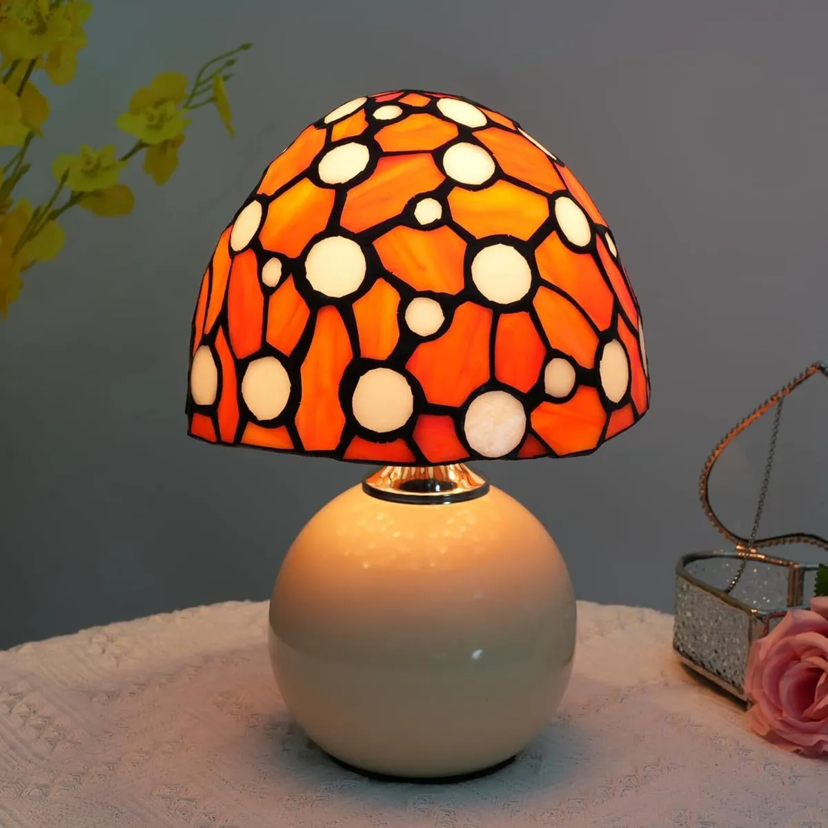 Tiffany Style Stained Glass Orange Mushroom Lamp - Image 1