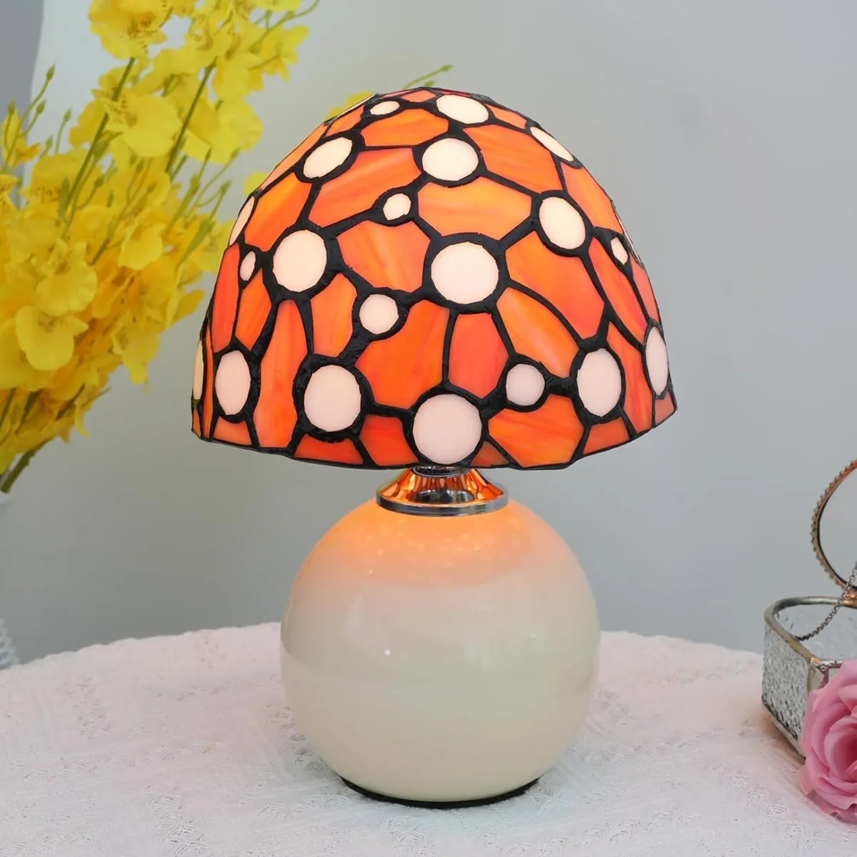 Tiffany Style Stained Glass Orange Mushroom Lamp - Image 2