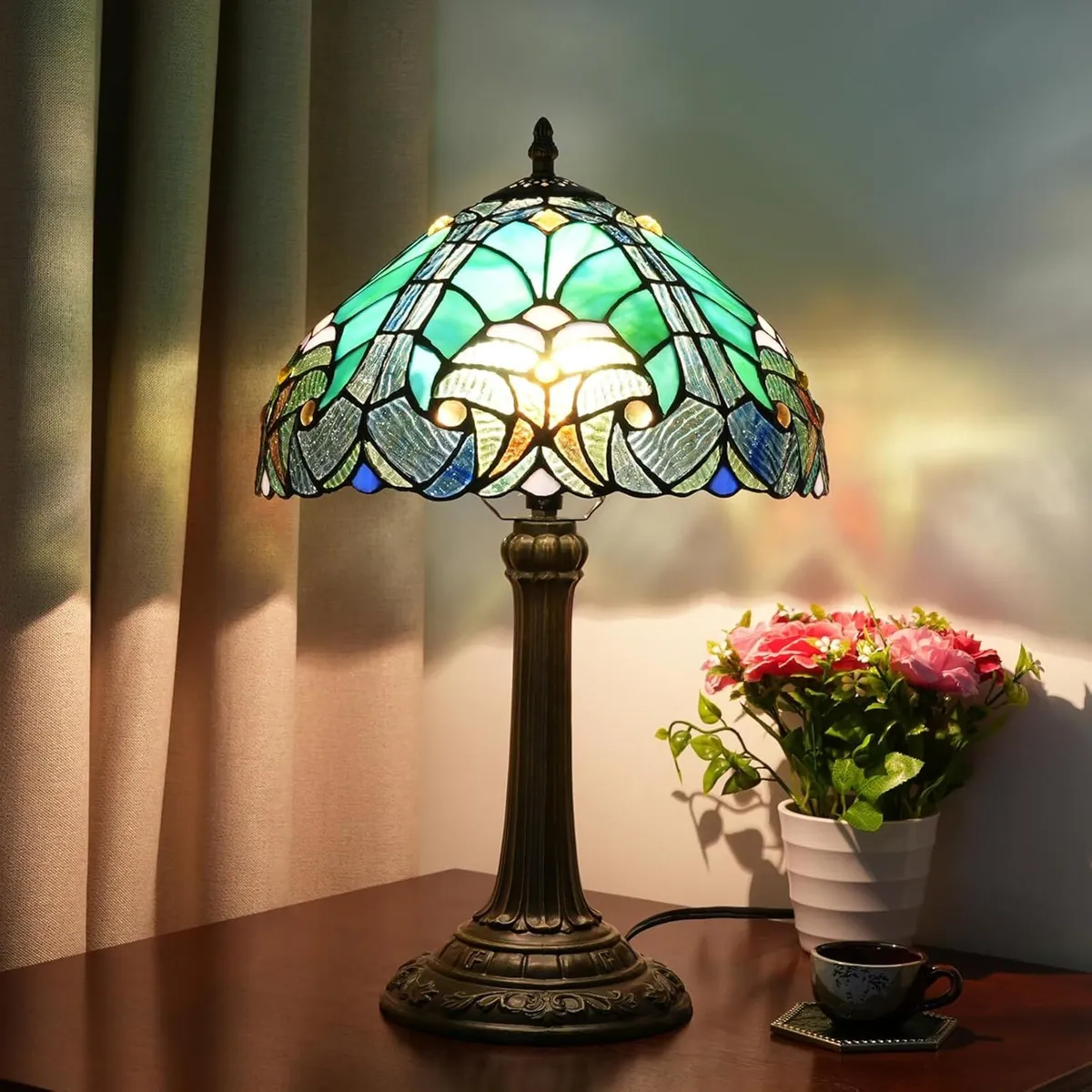 Tiffany Lamp Green Liaison Style Stained Glass - Image 2