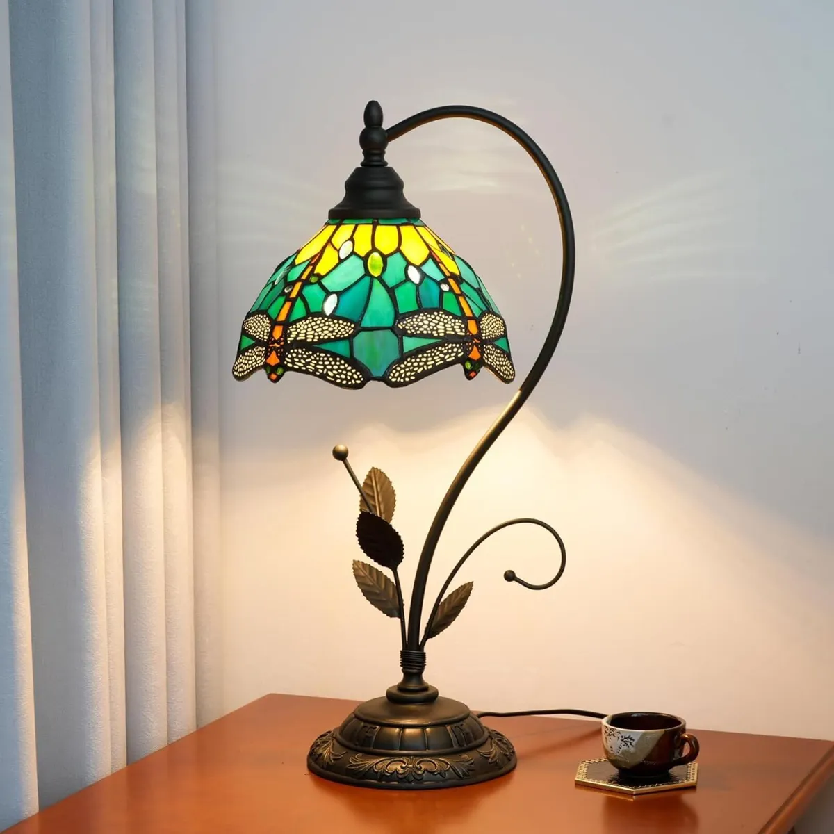 Tiffany Table Lamp Dragonfly Green Stained Glass - Image 1