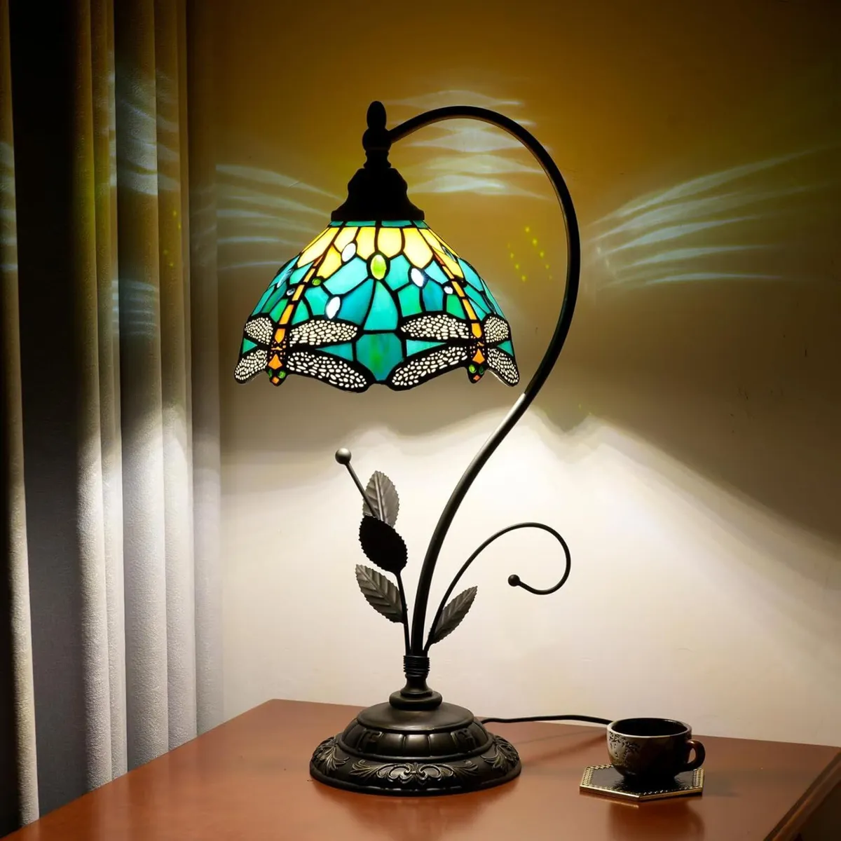 Tiffany Table Lamp Dragonfly Green Stained Glass - Image 4