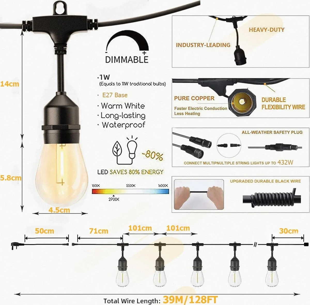 S14 Festoon Lights Outdoor 38M-IP65 Waterproof - Image 4
