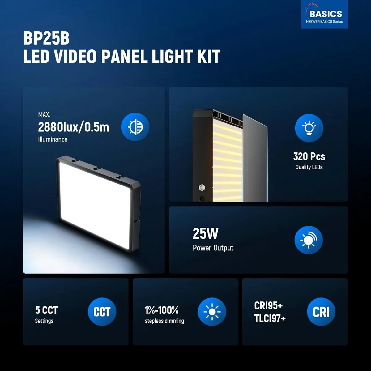 BASICS 2 Pack 25W LED Video Panel Lighting Kit - Image 2