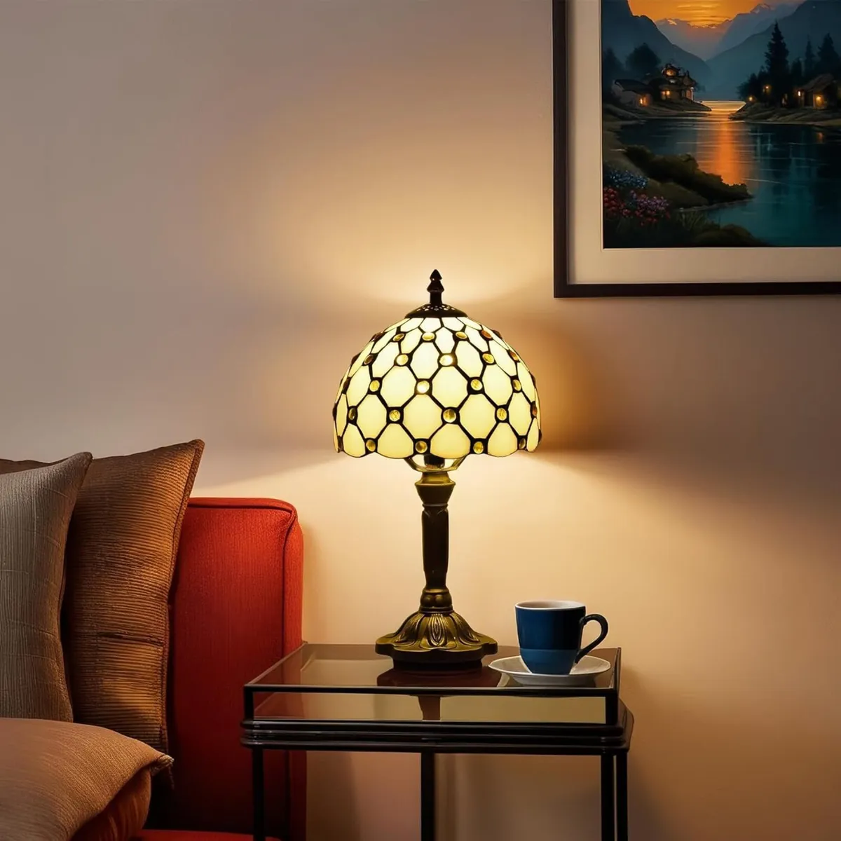 Tiffany Style Yellow Beads Stained Glass Table - Image 2